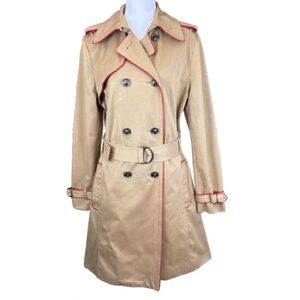 Isaac Mizrahi Jeans Trench Coat M Tan Red Lined Belted D-Ring Double Breasted